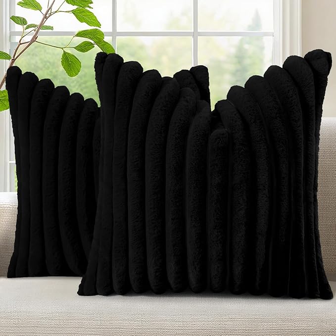 decorUhome Fall Faux Fur Throw Pillow Covers 22x22 Set of 2 Black | Decorative Soft Cozy Striped Plush Modern Farmhouse Boho Couch Pillow Cases Velvet Back for Sofa Bed Living Room Home Decor