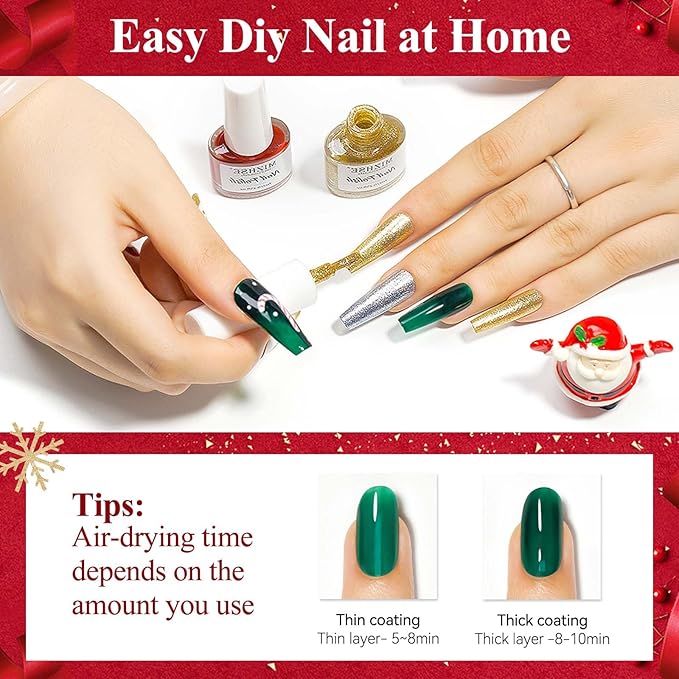 MIZHSE Quick Dry Christmas Nail Polish Set with Sticker, 6 Colors Red Green White Gold Sliver Sparkle Polish, Fast Drying Nail Polish Set Manicure Gift for Women
