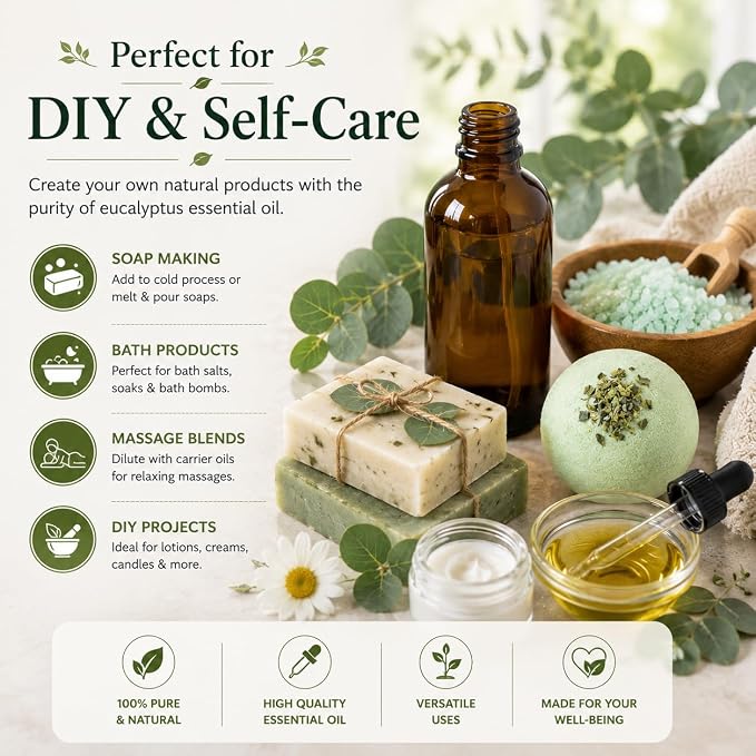 GreenHealth Eucalyptus Essential Oil – 2 Pack (4 fl oz Each) – 100% Pure & Natural – Aromatherapy Oil for Diffuser, Cleaning, and Home Fragrance – Amber Glass Bottle with Glass Dropper