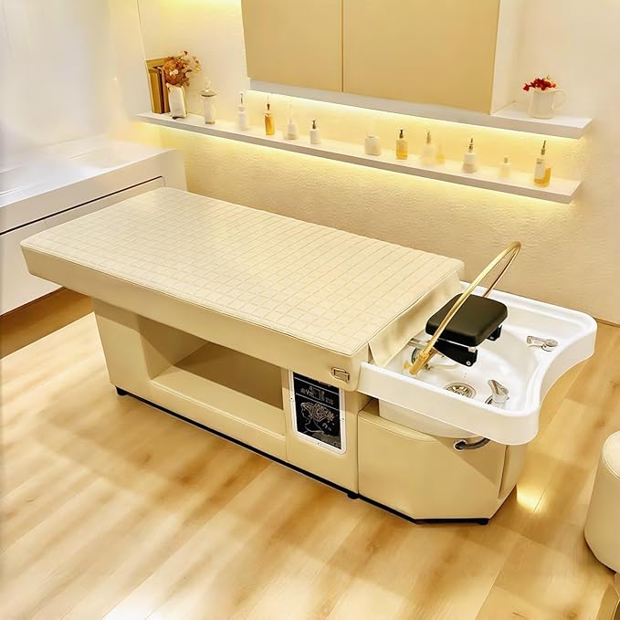 Head SPA Bed - Shampoo Bed with Beige Luxury Grid Pattern, Head SPA Equipment & Massage Table Includes Golden Waterfall Scalp Massage, Light Therapy, for Salon & Home