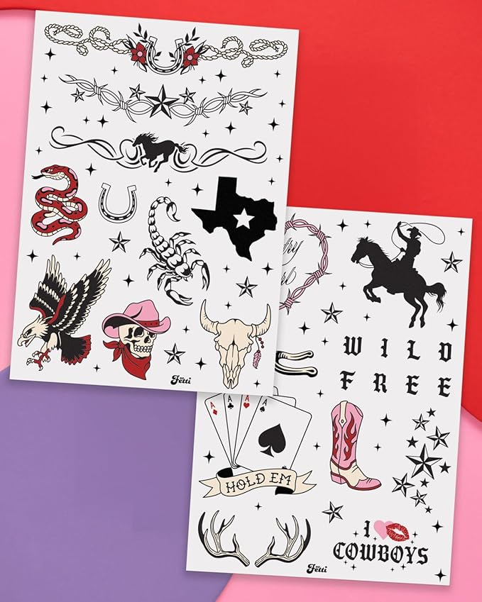 xo, Fetti Realistic Western Temporary Tattoos - 38 pcs | Rodeo Bachelorette, Birthday Favors, Cowgirl Party Accessory, Wild West Fake Tats