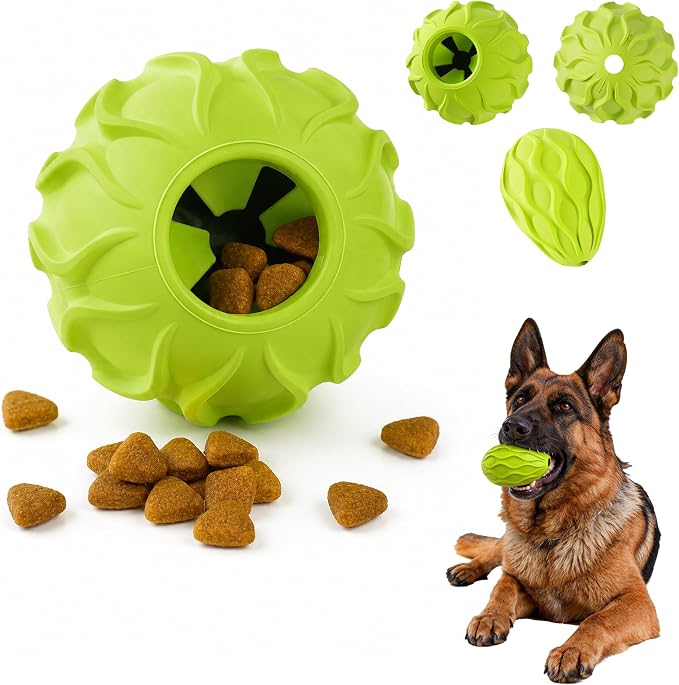 Interactive Treat Dispensing Dog Toy, Natural Rubber Chew Toy for Aggressive Chewers, Stuffable Treat Toy for Large & Medium Dogs, Mental Stimulation for Dogs, Boredom Relief, Green
