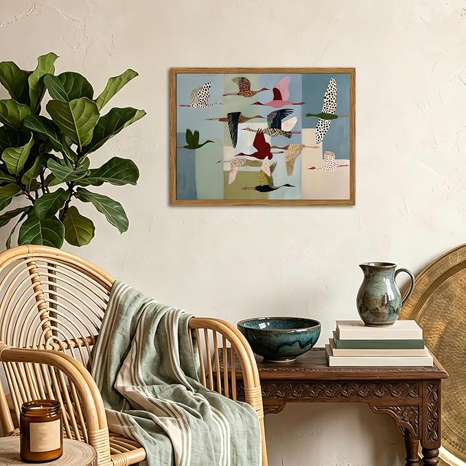 Framed Vintage Flying Bird Wall Art, Abstract Colorful Crane Pictures Wall Decor, Mid Century Modern Scandinavian Birds Paintings Canvas Prints Home Decor Aesthetic for Living Room Bedroom 12x16 inch