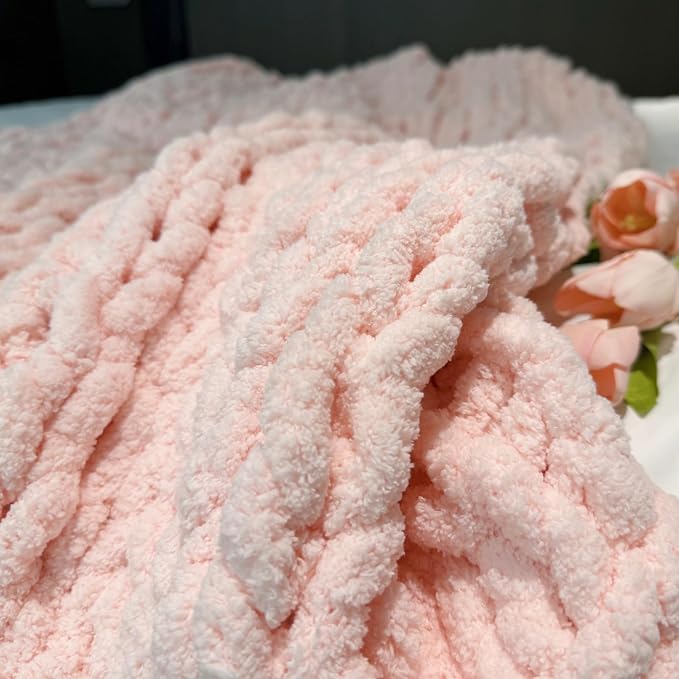 Soft Chunky Knit Throw Blanket for Couch, Cozy Warm Knitted Blankets | Hand Knit with Jumbo Chenille, Lightweight Warm Fluffy Decor for Women, Mom, Her & Girls, Sofa, Chair, Bed, 48"×71" (Pink)