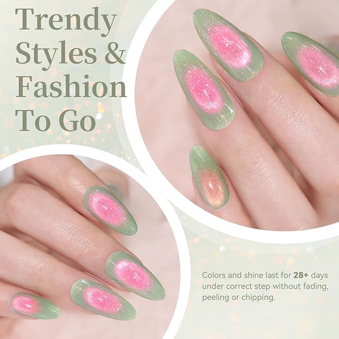 Born Pretty Reflective Glitter Cat Magnetic Eye Gel Nail Polish 15ML,Green Pink Guava Colors Glitter Sparkly Shiny Disco DJ LED Magnetic Gel Polish Sparkly Shiny U V Gels for Home Salon