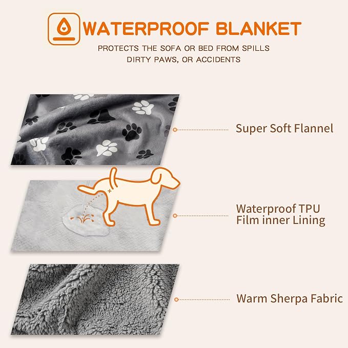 Waterproof Pet Blanket for Small Dogs and Cats 30"x40" | Washable Dog Blanket, Soft Fluffy Sofa Car Bed Protector, Reversible Sherpa Fleece Puppy Blanket, Dark Grey-Paws
