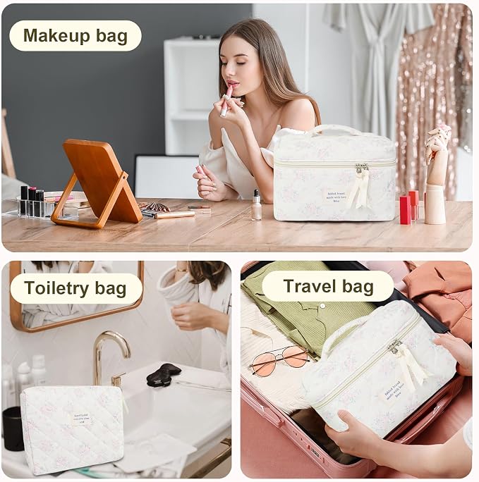 GISMTR 3Pcs Cotton Quilted Makeup Bag Large Travel Cosmetic Bag Coquette Makeup Pouch Cute Aesthetic Floral Toiletry Bag for Women Girls (flower-S)