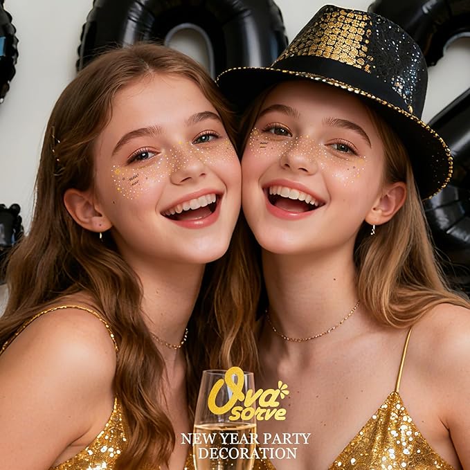 New Year New Me Face Tattoo - Glittering Freckles Stars & Fireworks in Metallic Gold & Silver | Waterproof Facial Gems for NYE Transformation, New Years Eve Party Supplies 2026 & Celebration