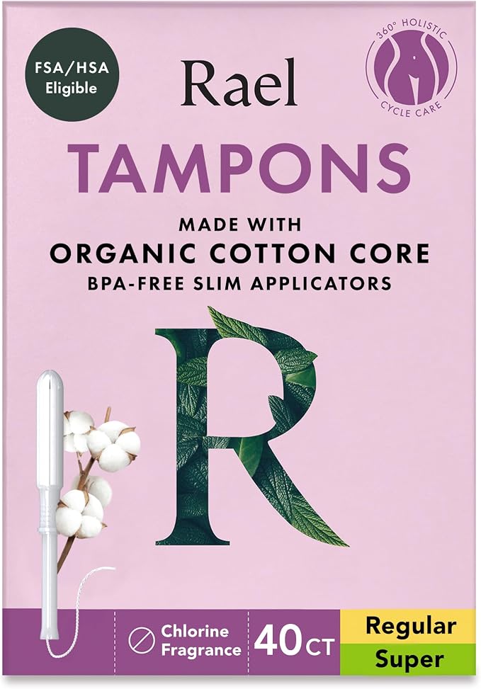 Rael Tampons, Slim Applicator with Organic Cotton Core, Multipack, Regular and Super Absorbency, BPA-Free, Leak Locker Technology, Unscented, Chlorine-Free (40 Count, Bundle)