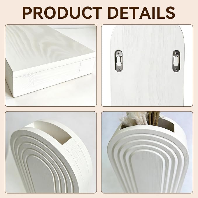 2 Pack Wooden Wall Vase Set, Boho Hanging Planter for Indoor Plants & Flowers, Wood Wall-Mounted Planters for Living Room, Modern Farmhouse Entryway or Bathroom, Rustic Art for Home (White)