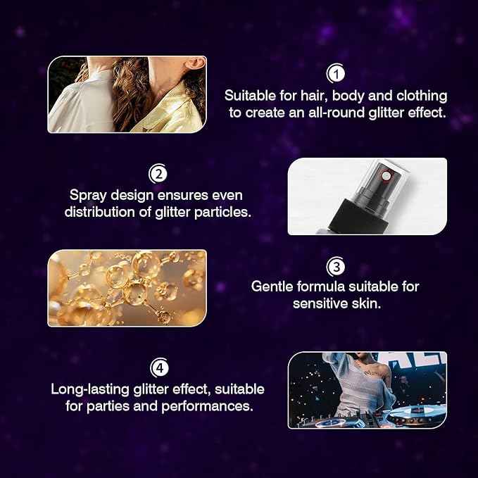 Glitter Spray for Hair, Body & Clothes – Shiny Purple Body Glitter Spray, Long-Lasting & Quick-Drying Sparkle Spray for Festival, Halloween, Makeup & Prom | 60ml Portable