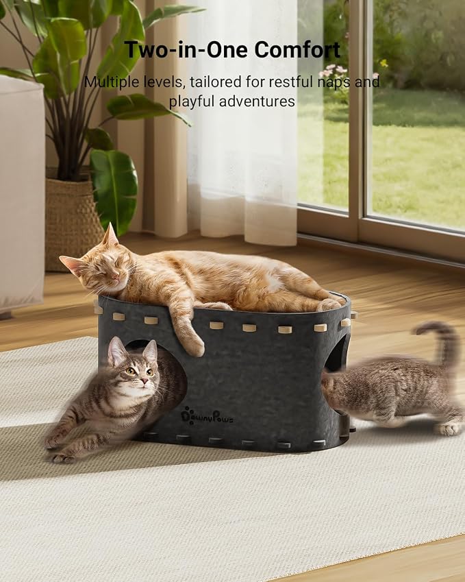 DownyPaws Cat House for Indoor Cats, Cube Castle Cat Bed Cave, Sesame Gray | Cat Hideaway Enclosed Bed,Cave Hideout Fort,Kitten Peekaboo Hut for Cats,Hide Box Bed for Large Cat Up to 22 Lbs