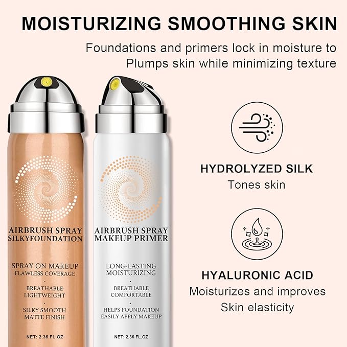 AirBrush Foundation Spray With Airbrush Primer, Silky Mist Foundation Spray Makeup, Full Coverage Foundation for Smooth Radiant, Formula Breathable Lightweight Hydrating (04 Porcelain)