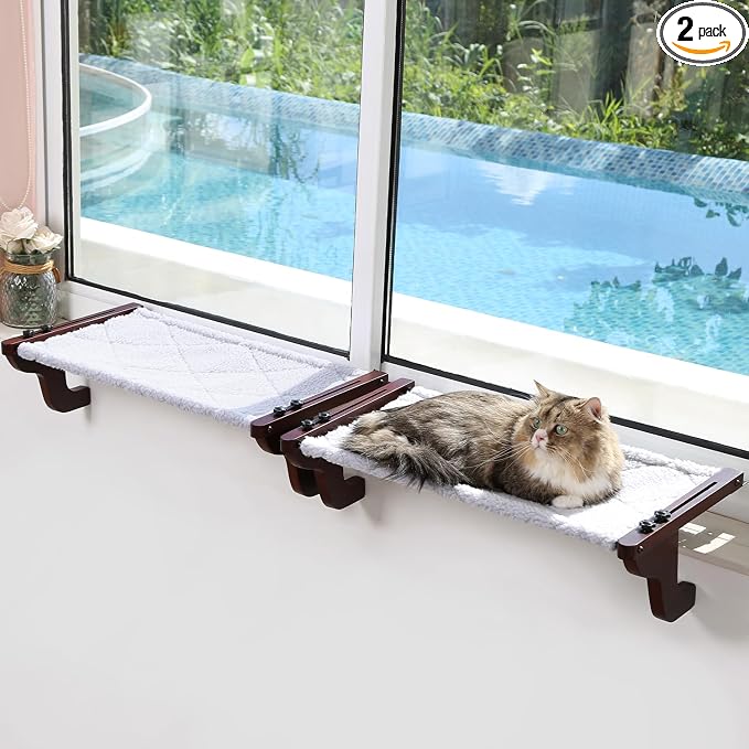 Zakkart 2PC Easy Seat Cat Perch for Window Sill - Hammock Design w/Pine Wood & Robust Metal Frame - Cat Window Seat for Large Cats and Kittens (Dark Stained Wood w/Gray Bed, Large (26''W x 14''D)