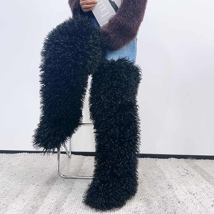 SWEETHEART BEAUTY Thigh High Shagy Teddy Fur Boots, 29 Inch Over the Knee Length Fluffy High Boots, Tall Furry Shoes For Women