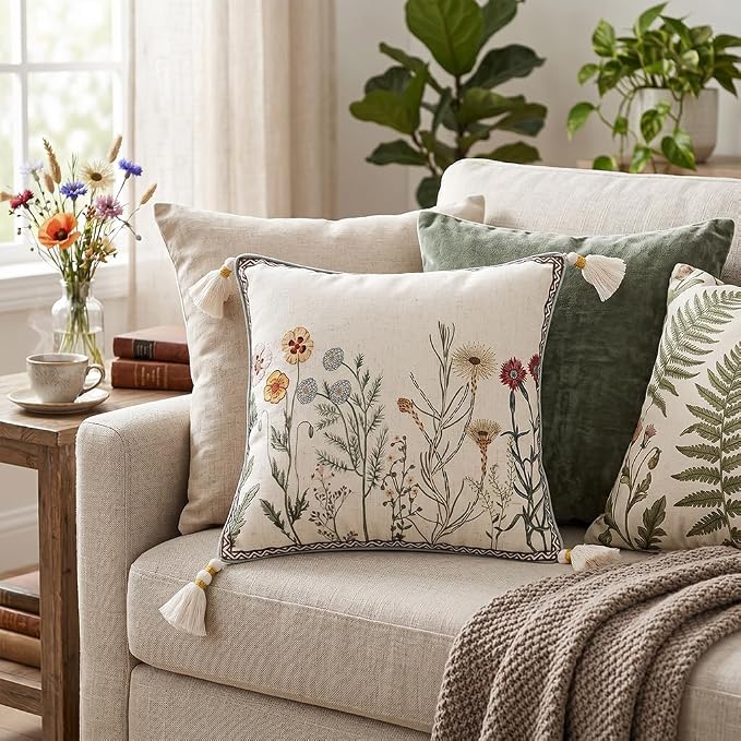Designer Linen Throw Pillow Cover,Set of 2,18"x18"-Serenity D | Vintage French Elegant Square Decor Pillow Cover,Concealed Zipper Design,Light Beige,Sofa,Bedroom,Living Room,Chairs