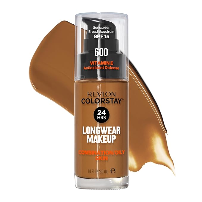 Revlon Liquid Foundation, ColorStay Face Makeup for Combination & Oily Skin, SPF 15, Medium-Full Coverage with Matte Finish, 600 Cinnamon, 1 Fl Oz