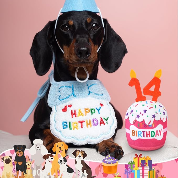 Dansydaisy Dog Birthday Cake Toy Squeaky Plush Gift,14th,Pink