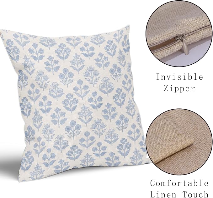 Baby Blue Floral Pillow Covers 16x16 Inch Set of 2, Vintage Flower Block Print Pattern Decorative Throw Pillowcases Outdoor Farmhouse Cushion Covers Spring Summer Rustic Sofa Couch Bed Decor