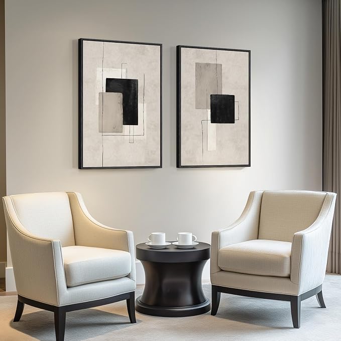 Large Framed Neutral Black Beige Abstract Wall Art for Living Room, 2 Piece Modern Canvas Prints Paintings Artwork for Walls, Minimalist Block Lines for Dining Room Bedroom Office Wall Decor 24x36 In