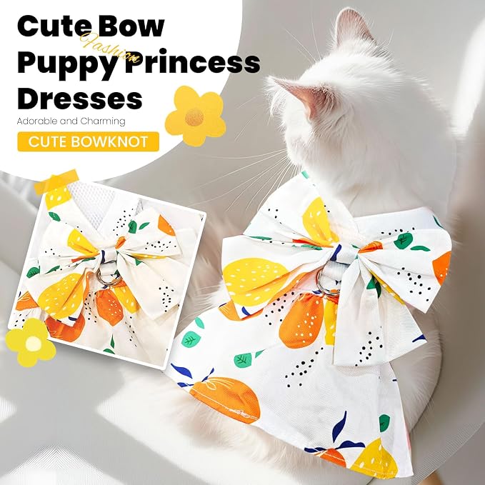 ABRRLO Cute Dog Dress Small Dog Clothes for Girls Female Puppy Outfits Yellow Lemon Pet Summer Clothes Bowknot Doggy Cat Princess Dress Harness for Holiday Birthday Party Costume Clothing(Yellow,L)