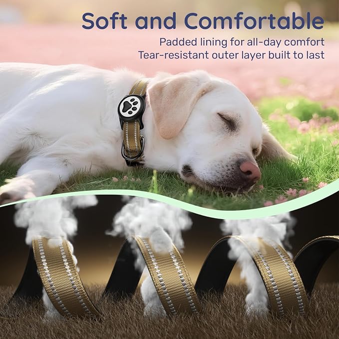 Premium Airtag Dog Collar，with IP68 Waterproof AirTag Holder,Brown,S | Soft,Breathable,Nylon Padded,Reflective,Ultra-Durable Buckle,Adjustable,Comfortable for Small Medium Large Dogs