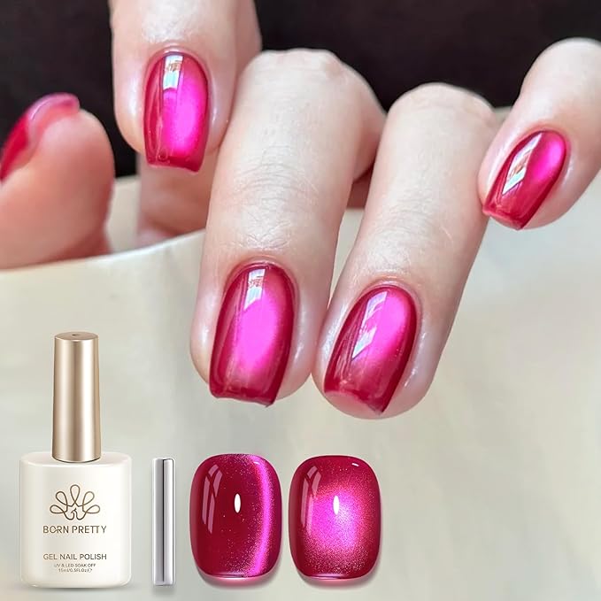 Born Pretty Pink Cat Magnetic Eye Gel Nail Polish 15ML,Spring Summer Hot Pink Jelly Glass Crystal Glitter Shimmer Translucent Gel Polish with Magnet,Soak Off U V Gels for Women Girl