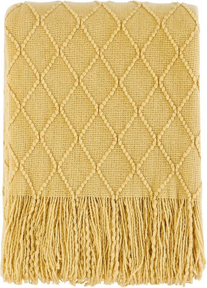 BOURINA Mustard Throw Blanket 50x60 Inch Boho Knit Soft Throw Sofa Blanket | Knitted Throw Blanket 50x60 Inches, Soft Lightweight Boho Weave Throw Decorative Couch Blanket for Living Room Bedroom Chair