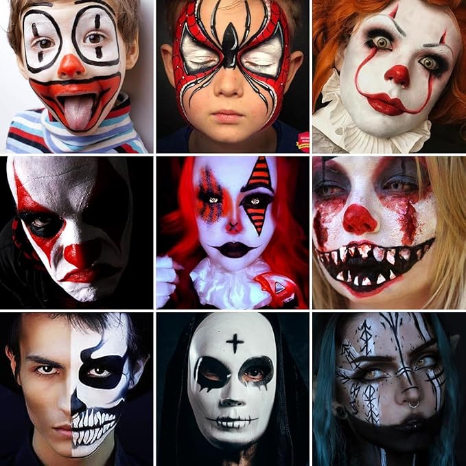 Black Red White Face & Body Paint Makeup, Professional SFX Cream Face Paint | Waterproof Halloween Joker Vampire Skull Goth Costume Bodypaint for Adults Kids | Vegan Long-Lasting Party Theater Stage