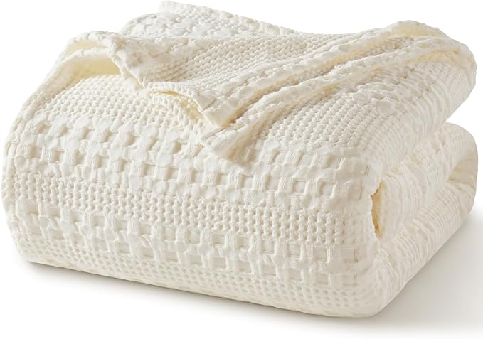 PHF 100% Cotton Waffle Weave Blanket Queen Size, Lightweight Breathable Summer Blanket for Hot Sleepers, Pre-Washed Soft Layer for Bed, Couch, Aesthetic Home Decor & Gift, 90"x90", Ivory
