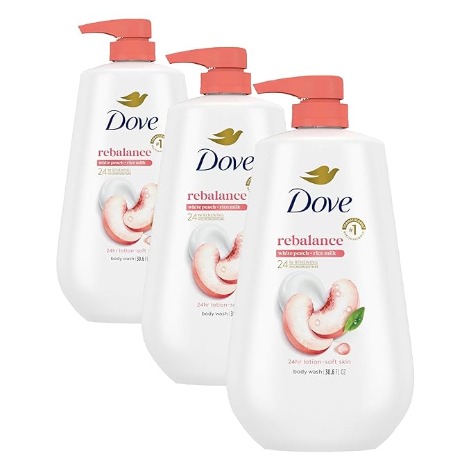 Dove Body Wash Rebalance White Peach & Rice Milk For 24hr Lotion-Soft Skin Moisturizing Skin Cleanser with No Sulfates No Parabens 30.6 oz (Pack of 3)