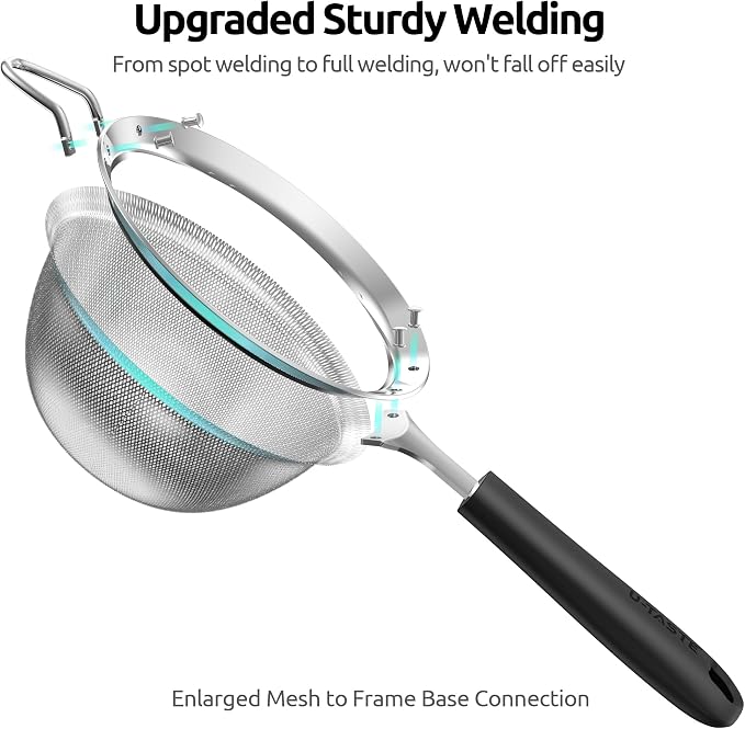 U-Taste Medium Fine Mesh Strainer: 18/8 Stainless Steel 4.73in 30 Mesh Kitchen Food Sieve with Sturdy Riveted Silicone Handle, Heavy Duty Deep Handheld Metal Colander for Rice, Quinoa, Flour (Black)