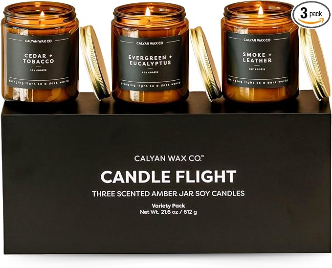 Calyan Wax Co. Masculine Scented Candle Gift Set - 3 Scented Candles - 57 Hour Burn - Luxury Clean Soy Wax Candles - Long Lasting Amber Glass Jar Candle for Home - 7.2oz