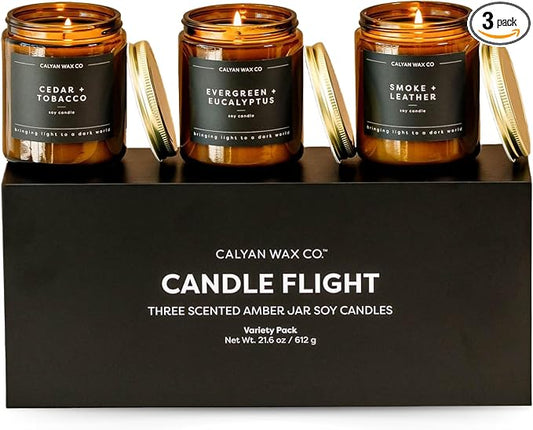Calyan Wax Co. Masculine Scented Candle Gift Set - 3 Scented Candles - 57 Hour Burn - Luxury Clean Soy Wax Candles - Long Lasting Amber Glass Jar Candle for Home - 7.2oz