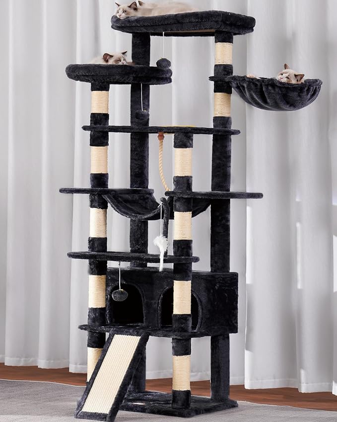 Heybly Tall Cat Tree 78-inch Multi-Level Cat Tower for Indoor Cats HCT033G | Cat Condo with 2 Widened Plush Perches, Multi-Level Cat Furniture with Scratching Board, Big Caves, Smoky Gray