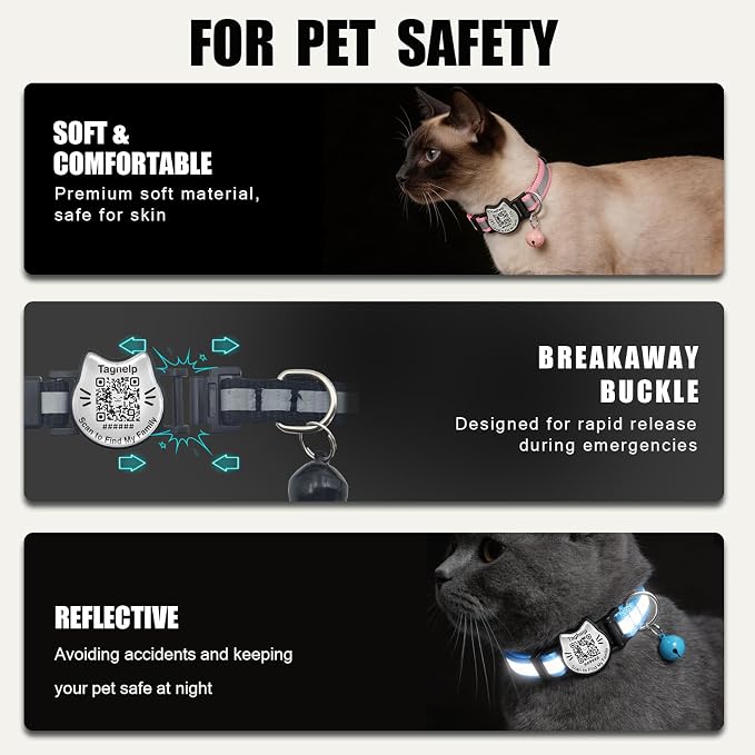 Breakaway Cat Collar with QR Code Tag and Bell (Blue & Orange) | Reflective Nylon, Quick-Release Buckle