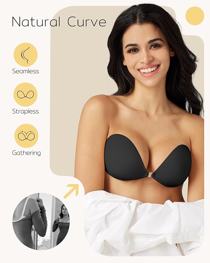 Niidor Adhesive Bra Strapless Sticky Invisible Push up Silicone Bra for Backless Dress with Reusable Nipple Covers