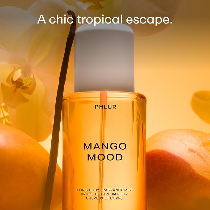 PHLUR Mango Mood Body Mist, 8 Fl Oz - Hair and Body Perfume for Women, Mango, Black Currant & Pink Pepper Body Spray with Vanilla Elixir, Brown Sugar & Patchouli Fragrance