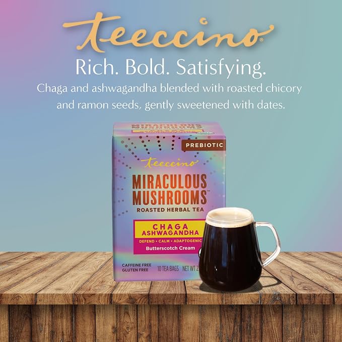 Teeccino Chaga Ashwagandha Tea - Butterscotch Cream - 10 TeaBags - Organic Mushroom Adaptogenic Herbal Tea, 3x More Herbs than Regular Tea Bags, Prebiotic, Caffeine Free, Gluten Free