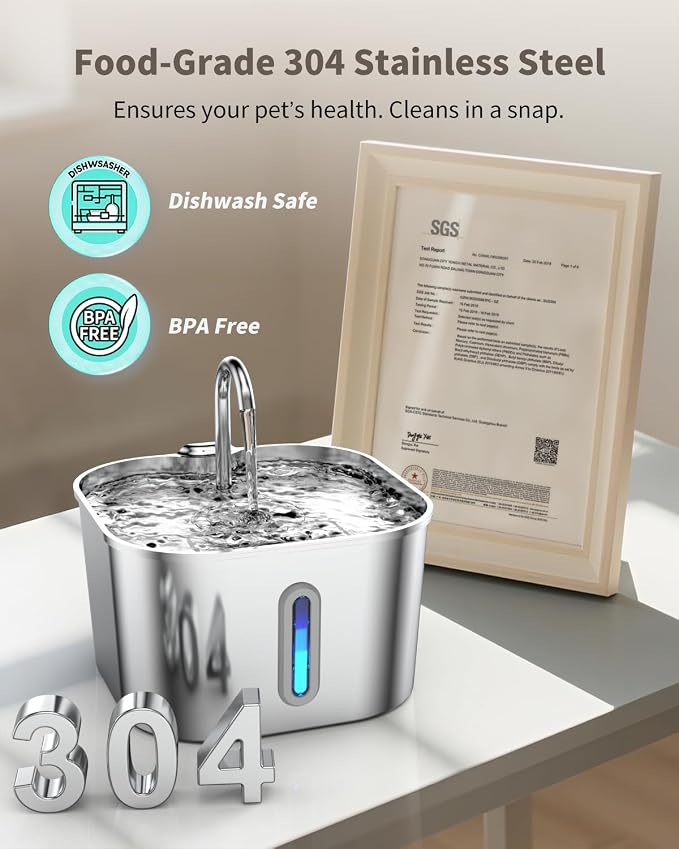 Stainless Steel Cat Water Fountain - 74oz/2.2L Cat Drinking Fountain | Quiet Cat Fountain for Indoor Cats and Small Dogs, Automatic Pet Water Dispenser Keeps Fresh Water, 4 Filters & 4 Sponges