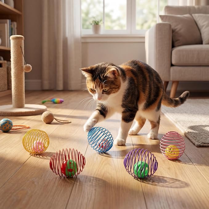 Jecery 5 Pcs Cat Toys Spring,Bell Ball,Multicolor