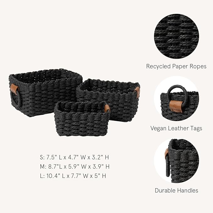 LA JOLIE MUSE Small Wicker Baskets for Organizing, Black 3 Pack | Decorative Organizer with Vegan Leather Tag, Round Handle, Storage Baskets for Shelves, Bedroom, Kitchen, Office and Home