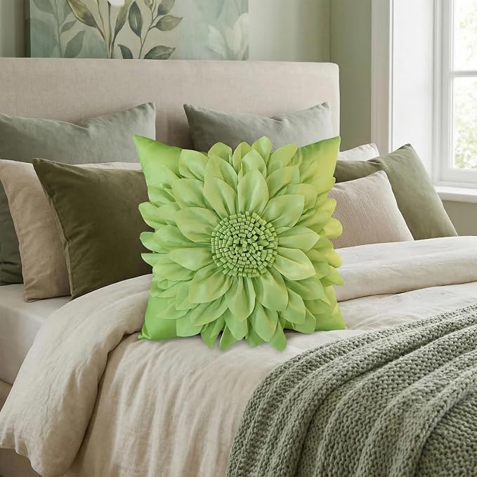 Sage Green Accent Flower Decorative Throw Pillow Covers for Bed Sofa Couch | Bella's Giftshop Handmade Sunflower Taffeta Pillow Cases Living Room Bedroom Decor, 18x18 Inch