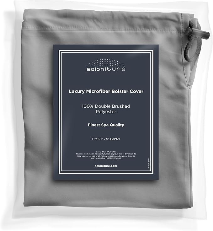 Saloniture Microfiber Cylinder Pillow Case Cover for Massage Table Bolsters - 30 x 9 Inch with Drawstring Closure, Gray