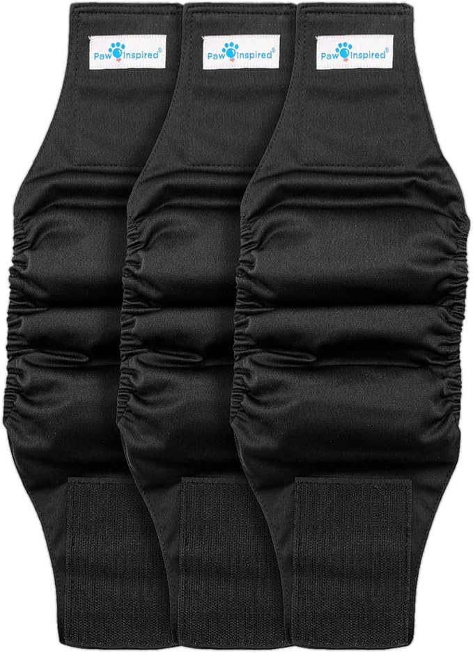 PAW Inspired Belly Band Male Dog WRAP Washable, Black, Black Lining, X-Small, 3 Count