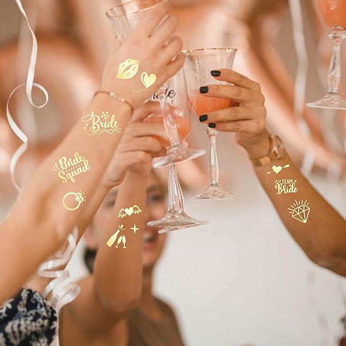 Bride's Babes Bachelorette Temporary Tattoos, Bride Tribe Cheers Gold Metallic Tattoos for Bachelorette Party Bridesmaid Favors Decorations(Bride Squad)