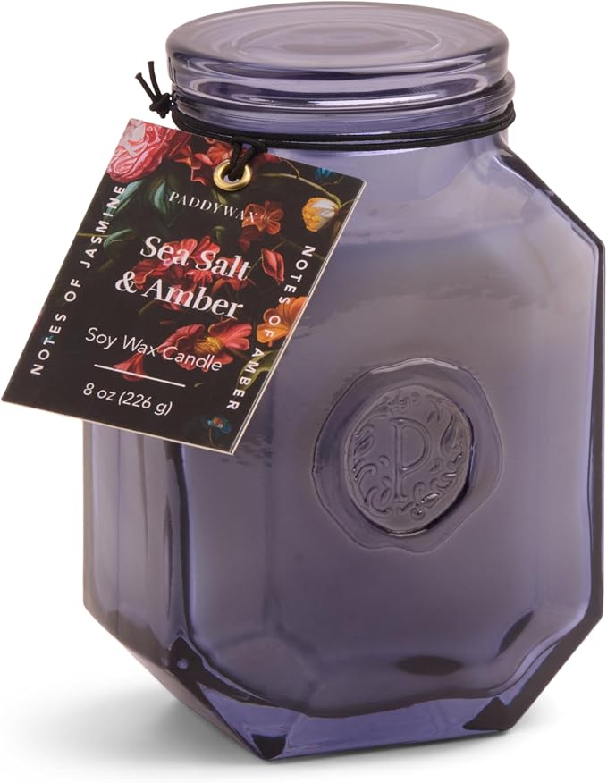 Paddywax Botanica Scented Candle with Lid in Reusable Embossed Glass Jar, Clean-Burn Soy Candle with Approx. 56 Hour Burn Time, Sea Salt & Amber, 8 oz