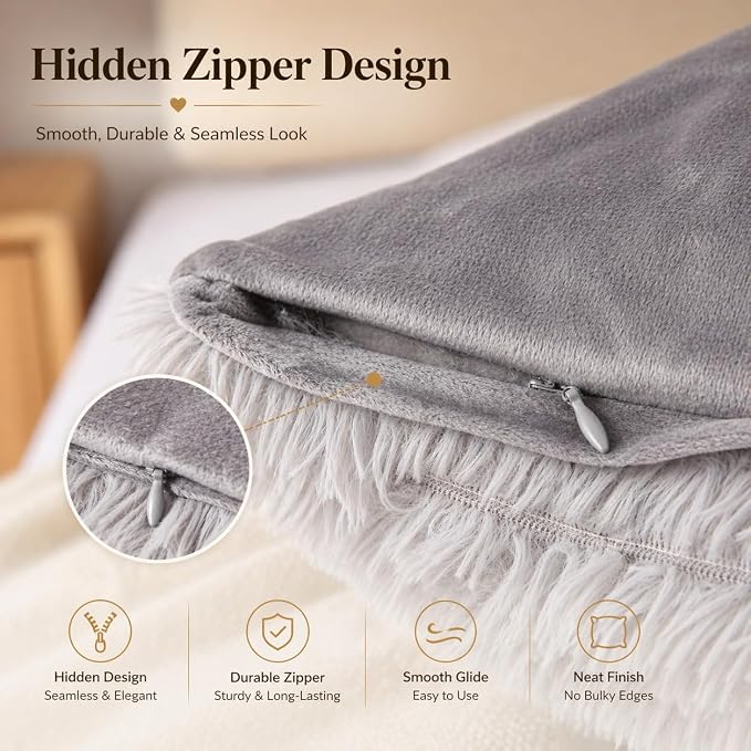 REAFORT Long Hair Faux Fur Body Pillow Cover 21"x54", Hidden Zipper (Gray) | Ultra-soft long hair faux fur with a hidden zipper offers luxurious comfort and is machine washable for easy care.