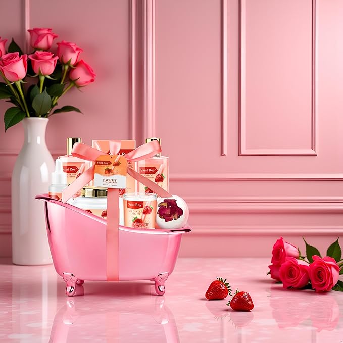 Mothers Day Gifts, Spa Kit for Women, Bath & Body Gift Set, Home Spa Bath Gift Basket, Strawberry Scented Bath Set Christmas Gifts, Pamper Kit for Girls & Teens, Birthday Gift, Bath Self Care Gift