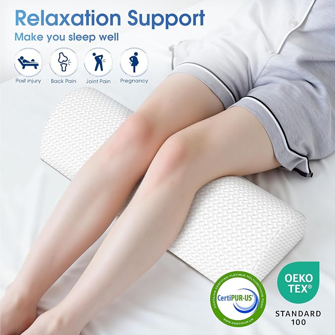 TranquilRelax Knee Pillow for Back Sleeping Memory Foam Half Moon Bolster Pillow for Legs, Under Knee Support, Ankle & Foot Comfort Orthopedic Pillow for Side Sleepers (White, 22" x 8.7" x 5.3")